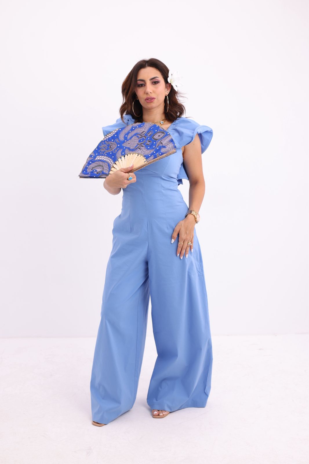 Women&#039;s Wide Leg Jumpsuit with Ruffle Shoulder Detail