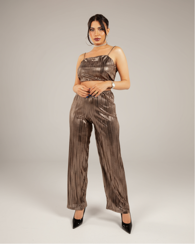 Women&#039;s Metallic Pleated Cami and Wide Leg Trousers Co