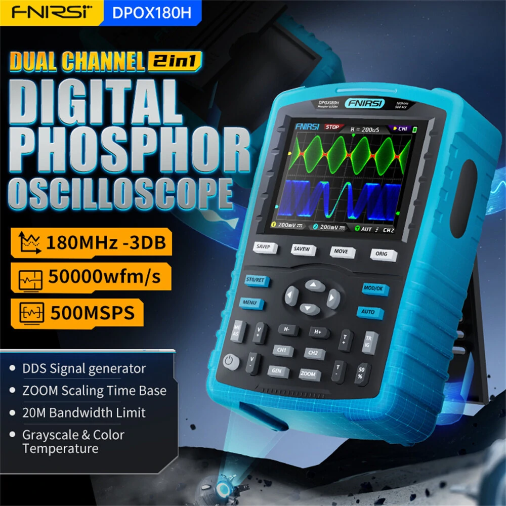 FNIRSI DPOX180H Handheld Phosphor Digital Oscilloscope 180MHz -3DB 50000wfms/s Dual Channel 20Mhz Signal Generator ZOOM XY FFT
