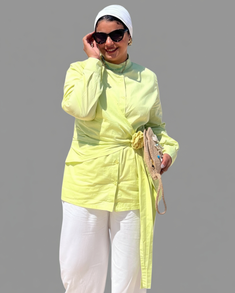 The Drape Wrap Shirt in butter yellow